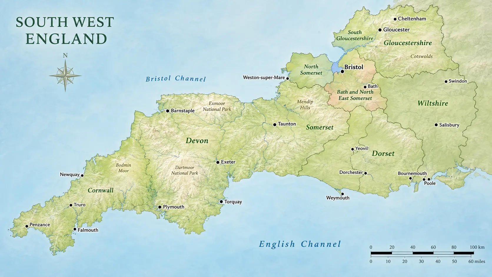 Map of South West England showing Bristol and Bath, Gloucestershire, Wiltshire, Somerset, Devon, Cornwall and Dorset